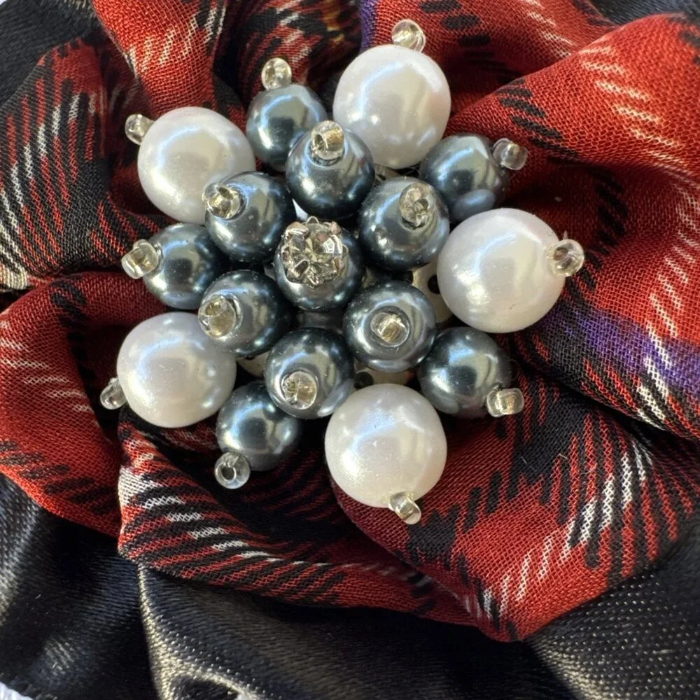 Cara Red Black Plaid Pearl Beaded Floral Hat Brooch/Hair Pin Steampunk NEW